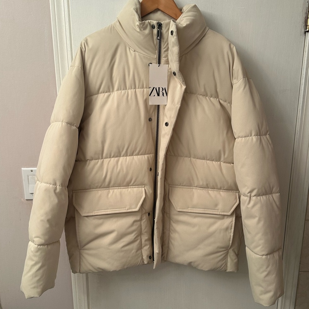 Rare NEW Zara Utility Insulated Pocket Puffer Jacket Sand Men Size XL